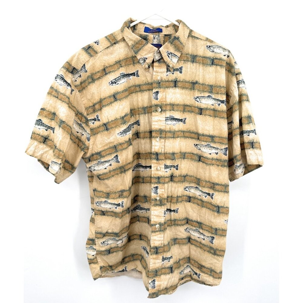 Pendleton Mens XL Beige Fish‎ Trout All Over Print Button Up Outdoor